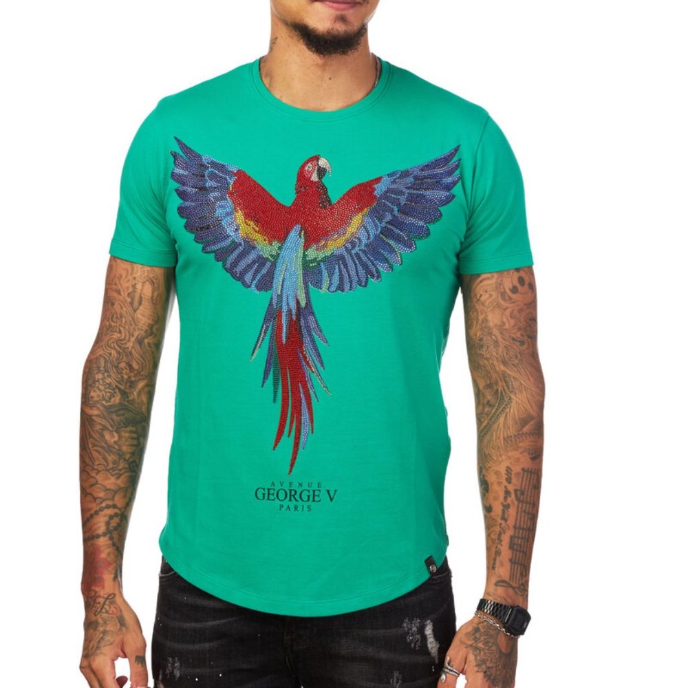 Avenue George V Paris T-Shirt Royal Bird Men's green Shirt Rhinestone 2XL NWT